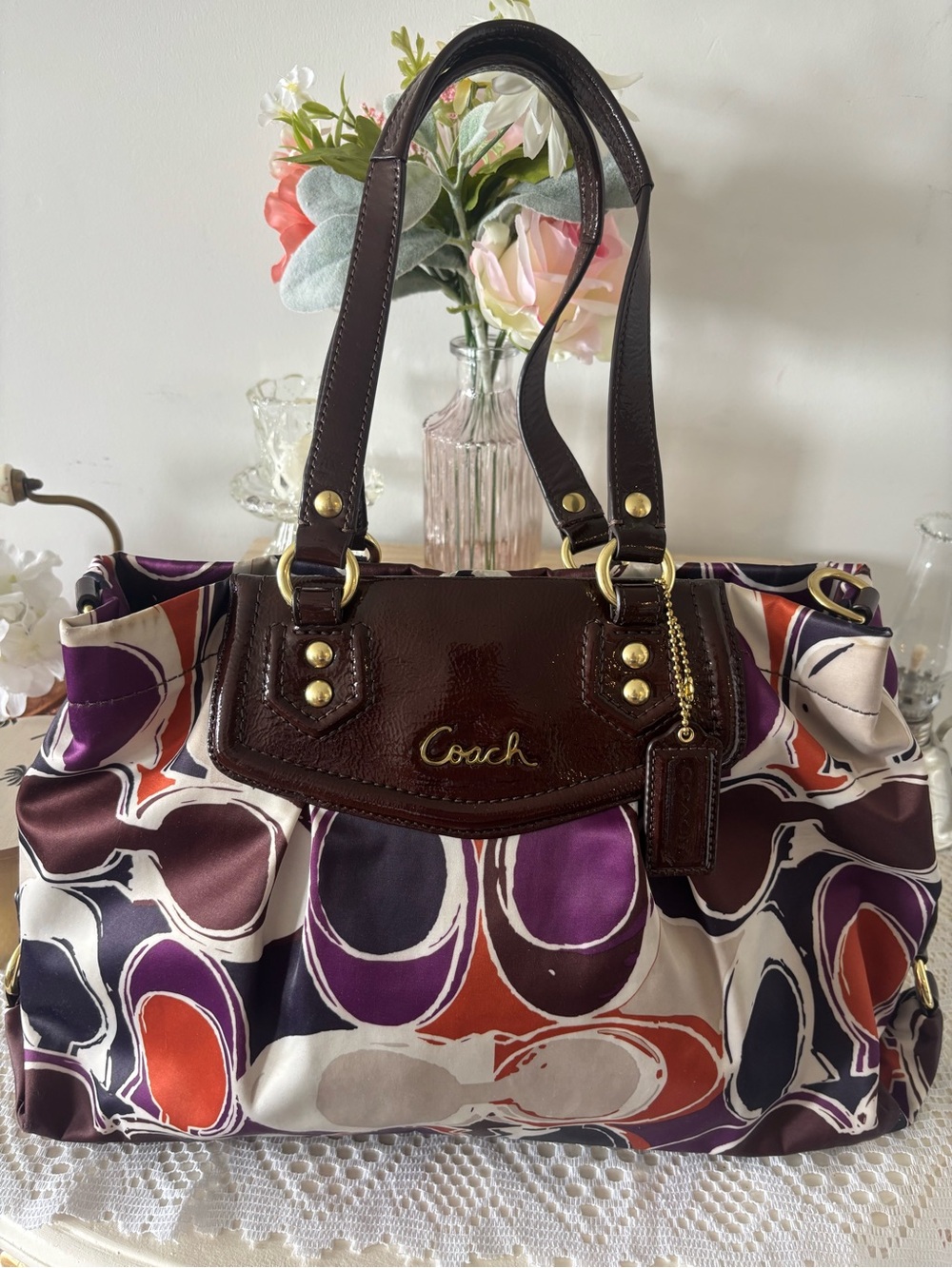 Coach Ashley Multicolor print Satin Shoulder Bag with Dark Brown Leather Trim